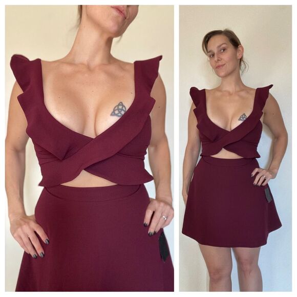 Lulu’s Dress Ruffle Cutout Wine NEW XS Stretch Party Feminine - Picture 1 of 10